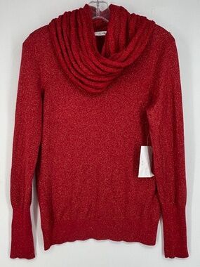 Calvin Klein Womens Small Crewneck Sweater Removable Scarf Red Gold Metallic